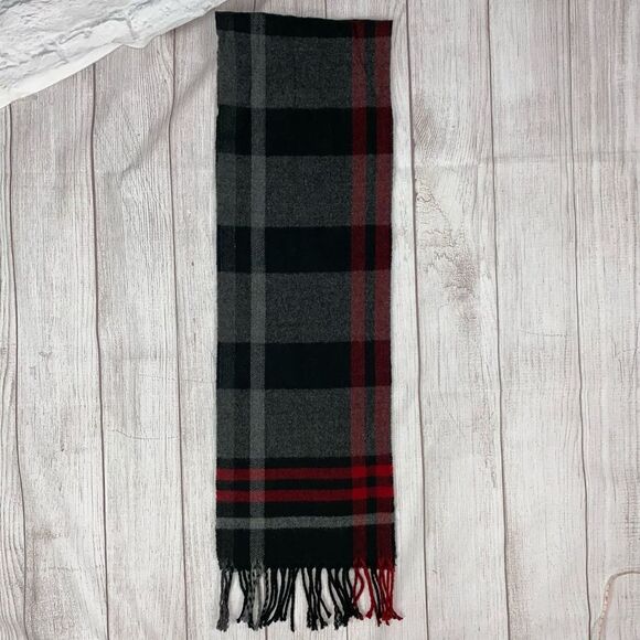 Plaid black red grey scarf with fringe hem 60”x9.5” - Picture 1 of 4